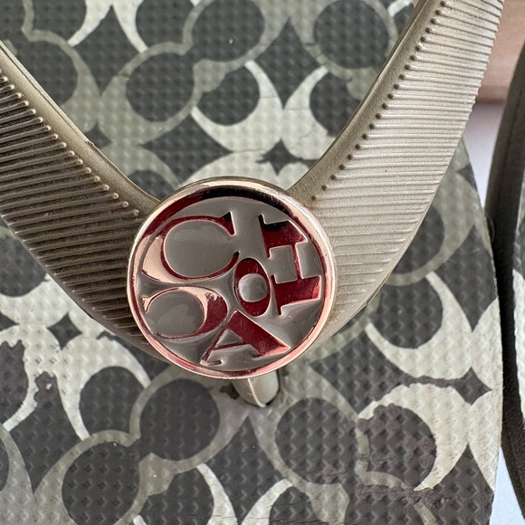 Coach Logo Flip Flop Sandals in Taupe with Rose Gold Medallions - Picture 3 of 9